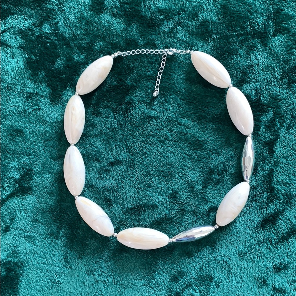 Cream and Silver Oval Bead Necklace with Adjustable Clasp